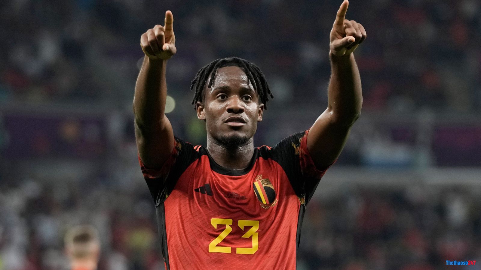 Michy Batshuayi ăn mừng sau khi ghi bàn ấn định chiến thắng cho Bỉ trước Canada