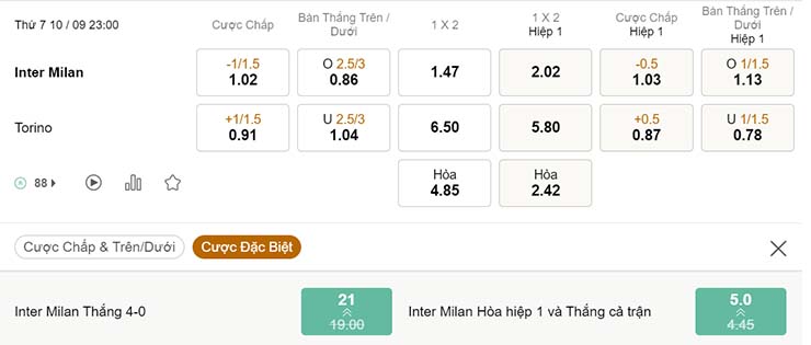 Tỷ lệ kèo Inter Milan vs Torino 10/9