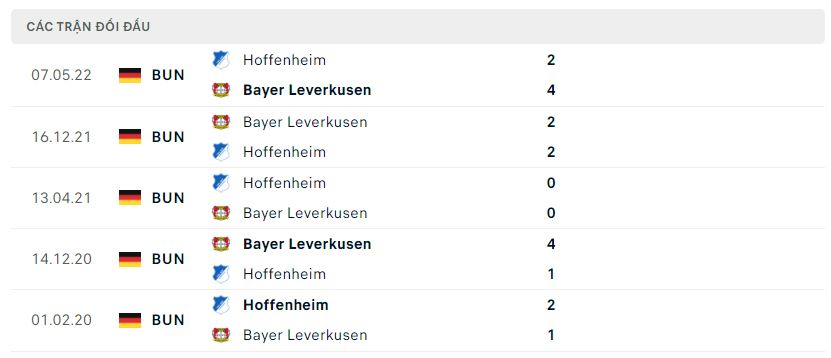Lịch sử đối đầu Bayer Leverkusen vs Hoffenheim